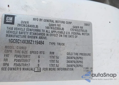 2008 Chevrolet Silverado 1500 Work Truck from USA, damaged, VIN 1GCEC14X38Z119484